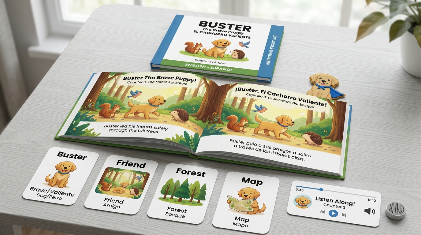 Bộ Học Liệu Đa Phương Tiện & Truyện Song Ngữ: Buster The Brave Puppy (AI Audio, Video & Flashcard)